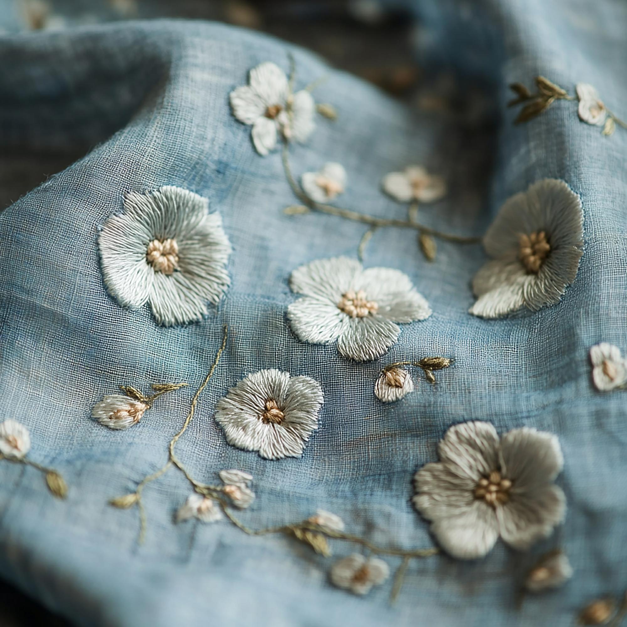 embroidered floral patch on linen