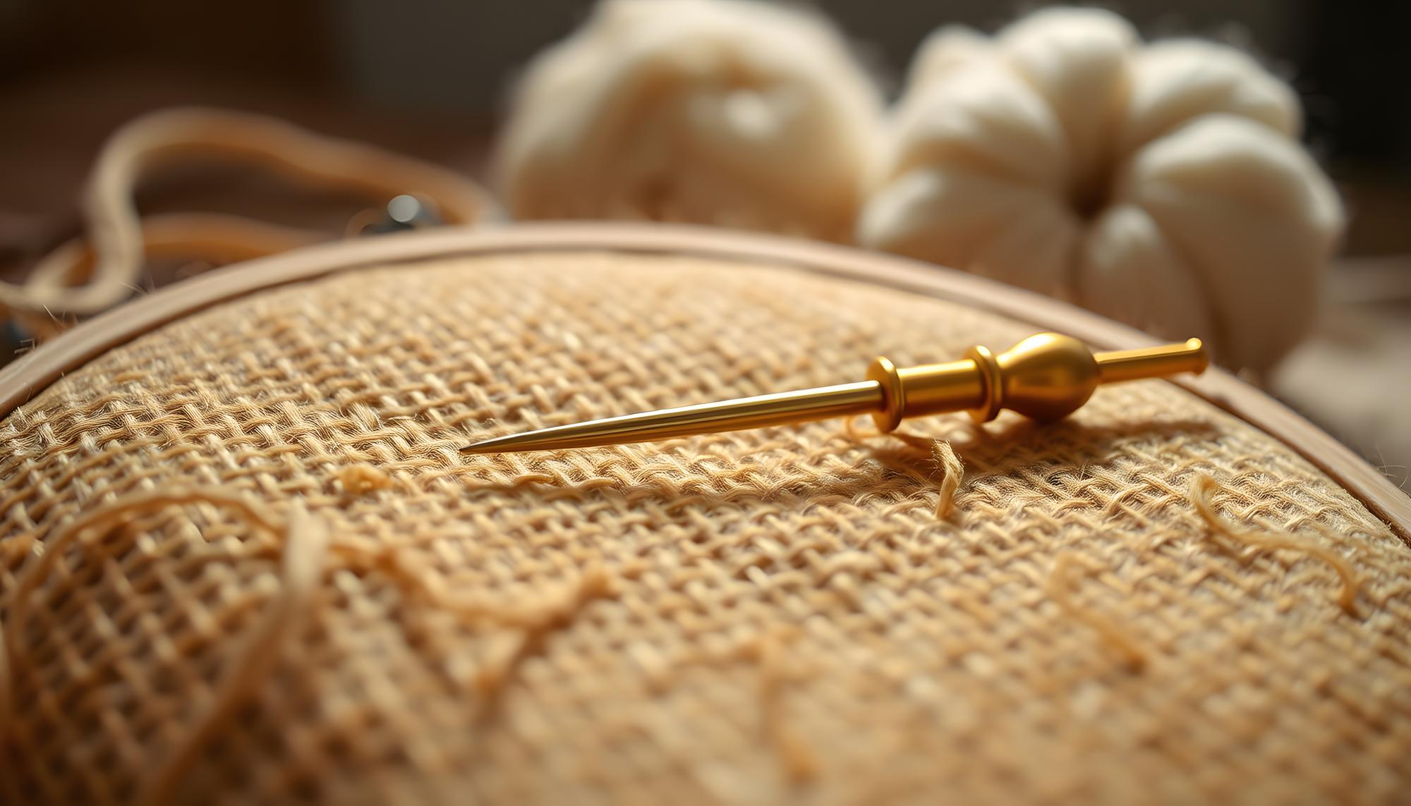 close-up of hand embroidery with cream and gold threads